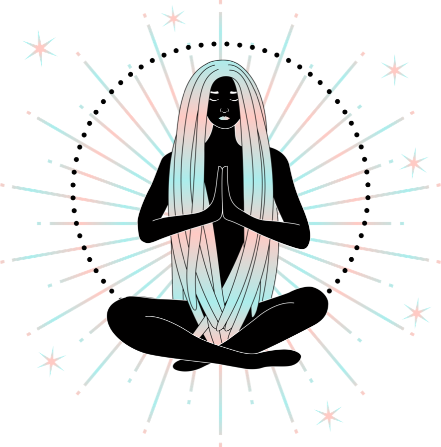Ilustracija žene u meditaciji okružene zracima svetlosti