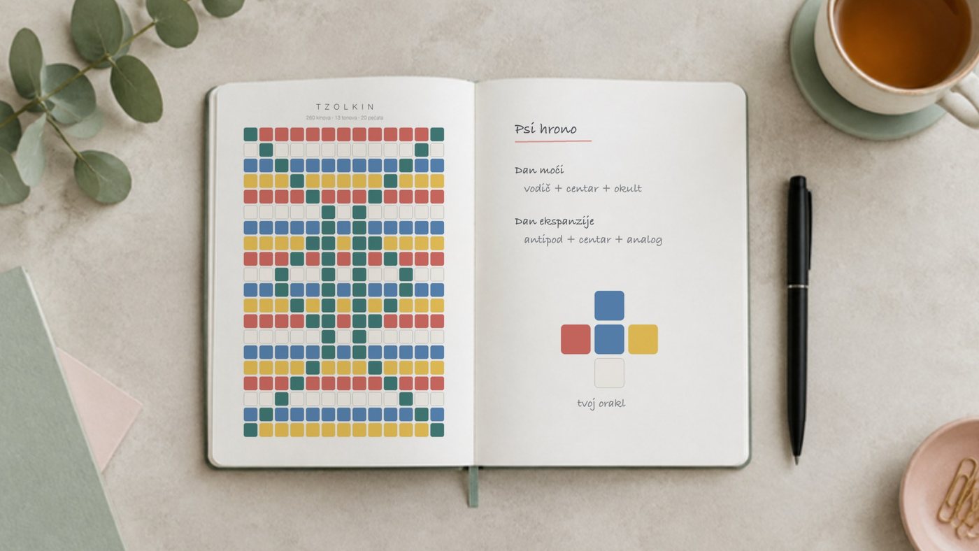 Otvorena sveska sa Tzolkinom (13 × 20) i beleškama o Danu moći i Danu ekspanzije